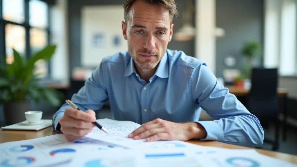 Adviseur die grafieken en cijfers doorneemt aan een werktafel